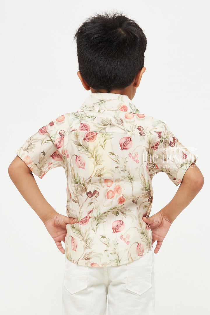 The Nesavu Boys Cotton Shirt Beige Pomegranate Watercolor Print Shirt - Perfect for Casual, Beach, and Party Wear Nesavu Beige Pomegranate Watercolor Print Shirt - Casual, Beach, and Party Wear for Kids