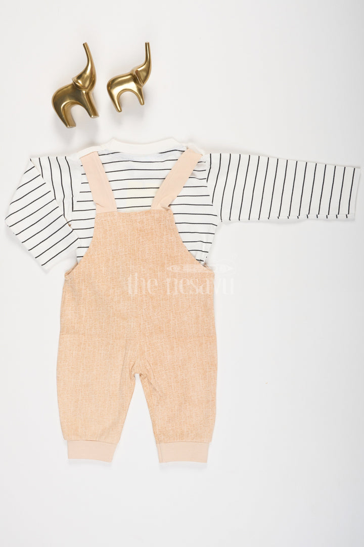 The Nesavu Baby Dungarees Beige Striped Cotton Baby Dungarees with Playful Animal Face for Baby Nesavu Beige Cotton Baby Dungarees Striped Top Animal Design Nesavu Playful Baby Outfit