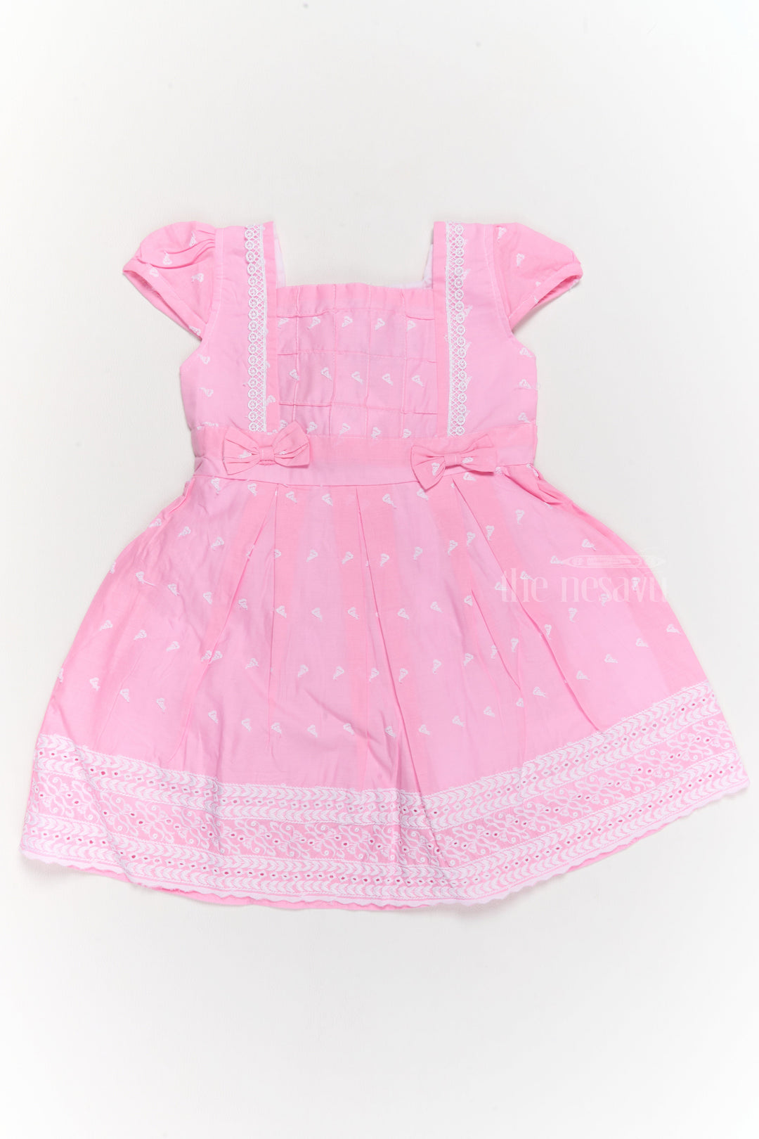 The Nesavu Girls Cotton Frock Best Cotton Dresses for Girls with Lace Trim and Bow Accents Nesavu 20 (3Y) / Pink GFC1546B-20 Nesavu Best Cotton Girls Dress Lace Trim Bows  Perfect Receptions