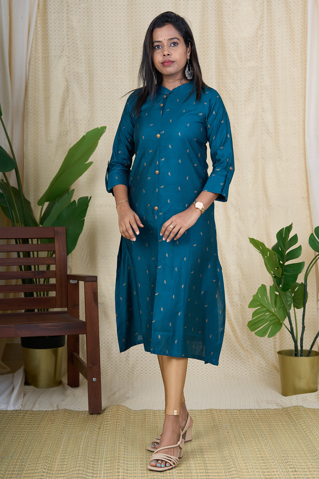 The Nesavu Womens A-Line Kurthas Best Kurta for Ladies - Teal Green Viscose Silk Kurta with Chinese Collar Nesavu 34 (XS) / Teal / Viscose Silk WT007C-34