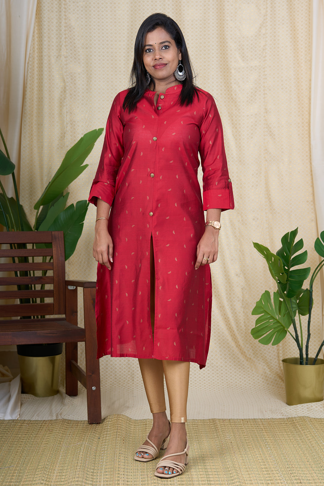 The Nesavu Womens A-Line Kurthas Best Kurta for Women - Red Viscose Silk Kurta with Chinese Collar Nesavu 34 (XS) / Red / Viscose Silk WT007B-34