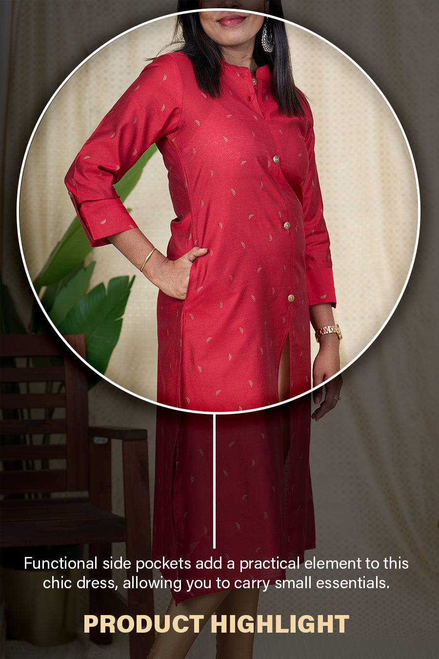 The Nesavu Womens A-Line Kurthas Best Kurta for Women - Red Viscose Silk Kurta with Chinese Collar Nesavu