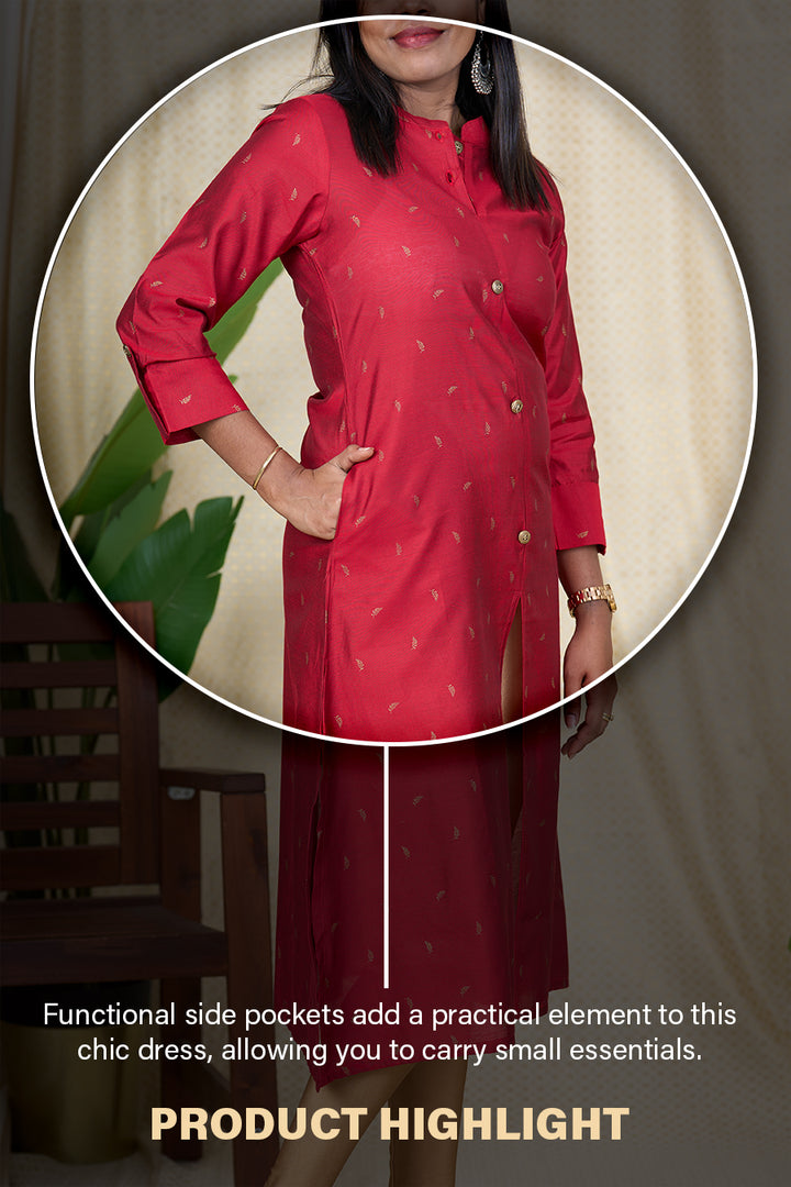 The Nesavu Womens A-Line Kurthas Best Kurta for Women - Red Viscose Silk Kurta with Chinese Collar Nesavu