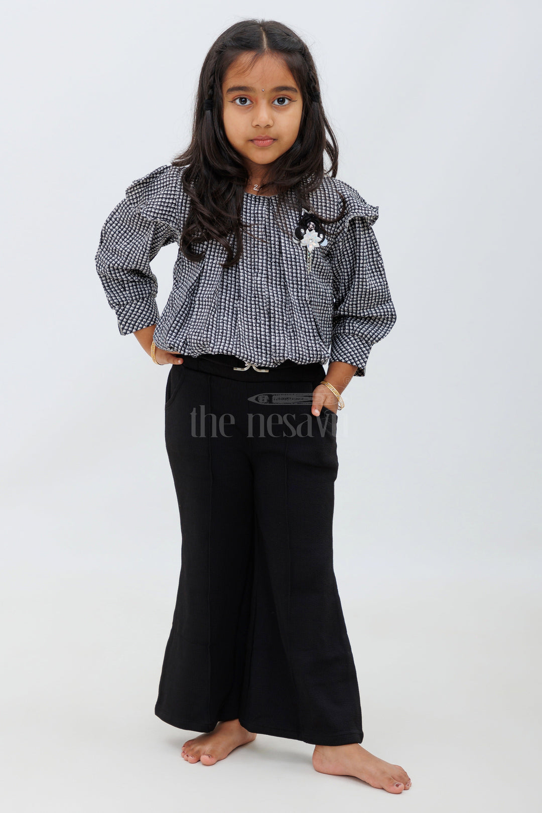 The Nesavu Girls Sharara / Plazo Set Black and Grey Checked IndoWestern Sharara Set for Girls Nesavu 24 (5Y) / Black GPS385A-24 Black and Grey Checked Indo-Western Sharara Set for Girls - Nesavu