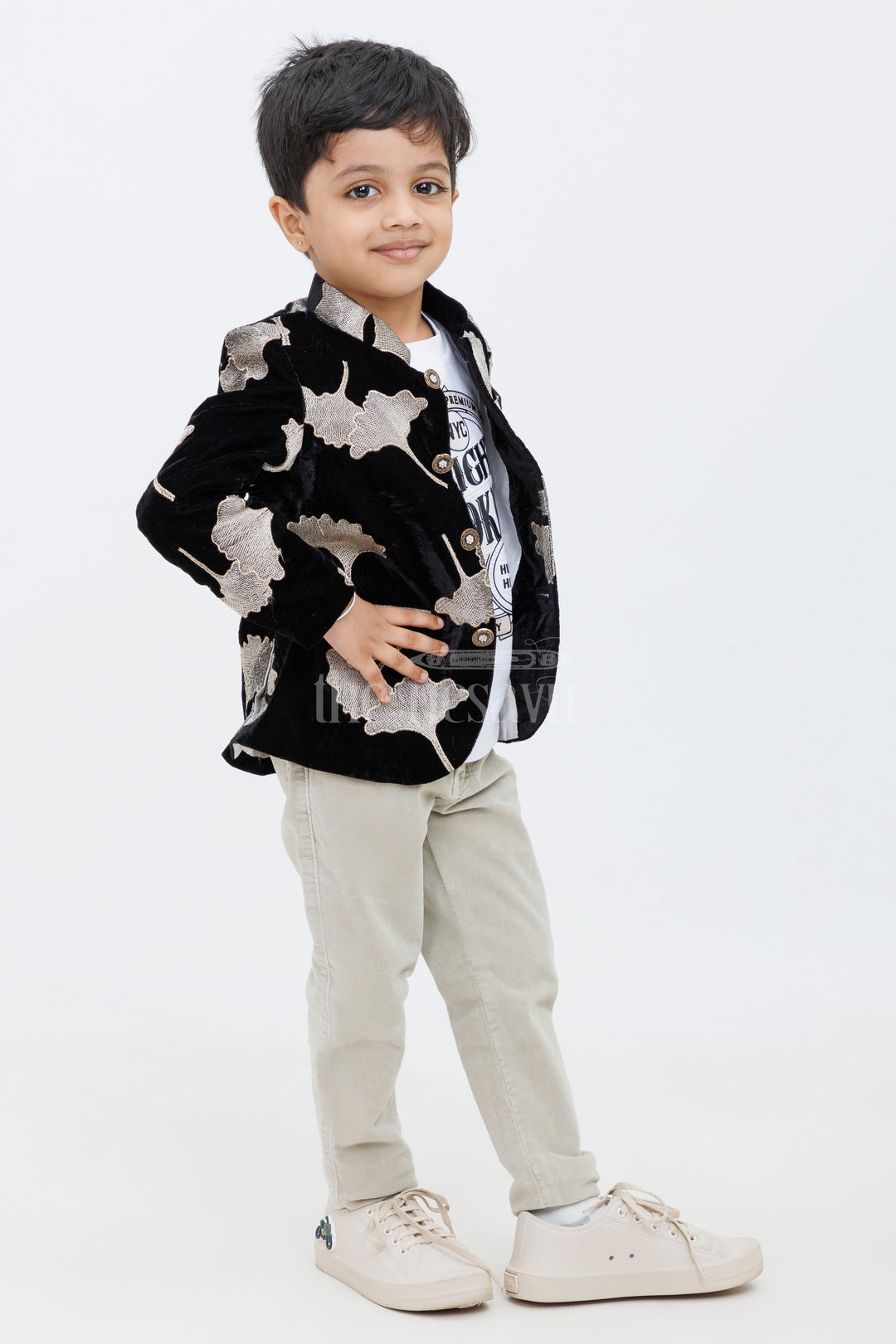 The Nesavu Boys Jacket Sets Black and White Velvet Boys Jacket Set with Grey Pants Nesavu Black and White Boys Velvet Jacket Set Silver Leaf Motifs Grey Pants Festive Occasions