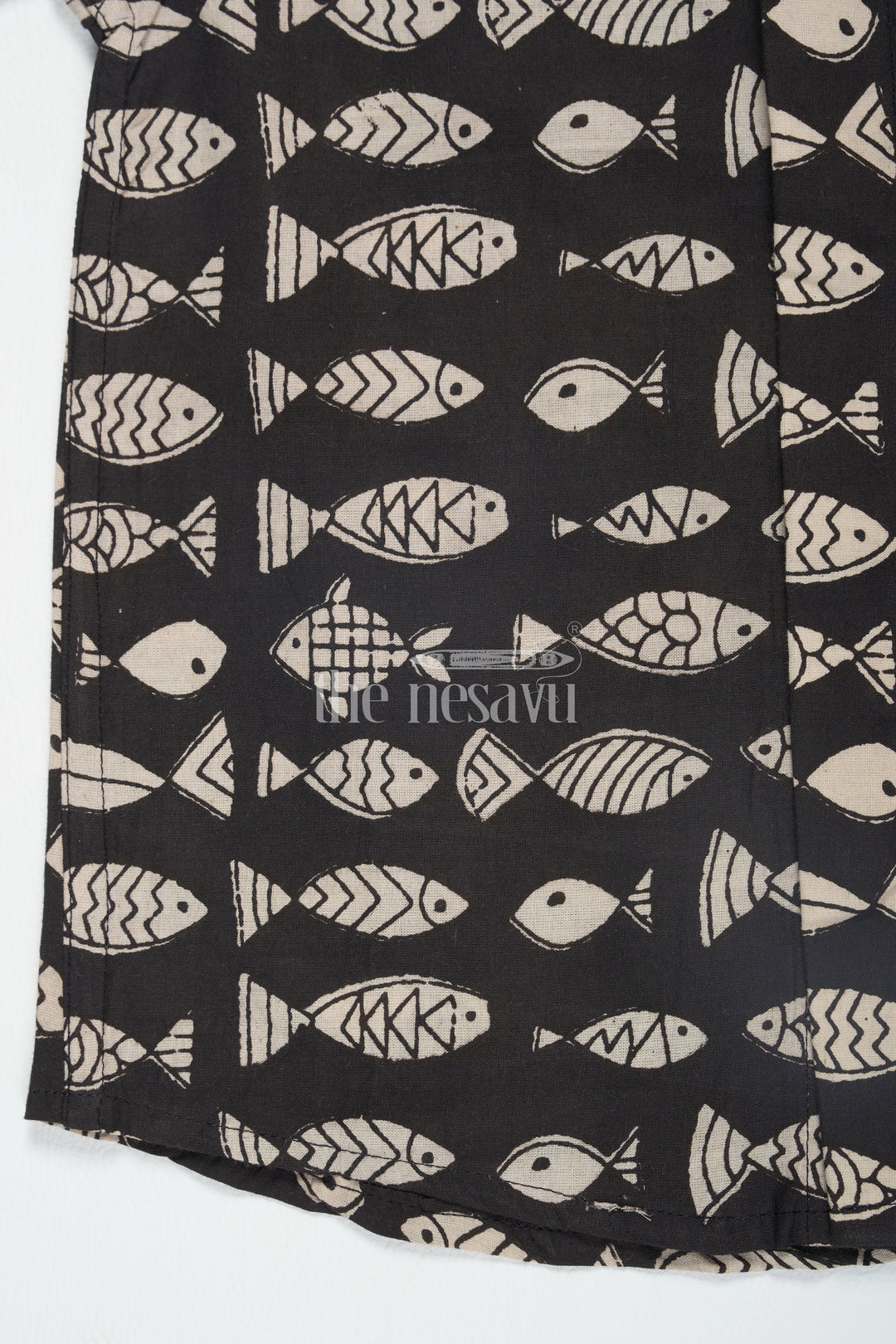 The Nesavu Boys Cotton Shirt Black Boys Ajarak Block Printed Cotton Shirt with Fish Print Half Sleeves for Festive Wear Nesavu Black Ajarak Block Print Boys Cotton Shirt Nesavu Fish Print Half Sleeves Festive Wear