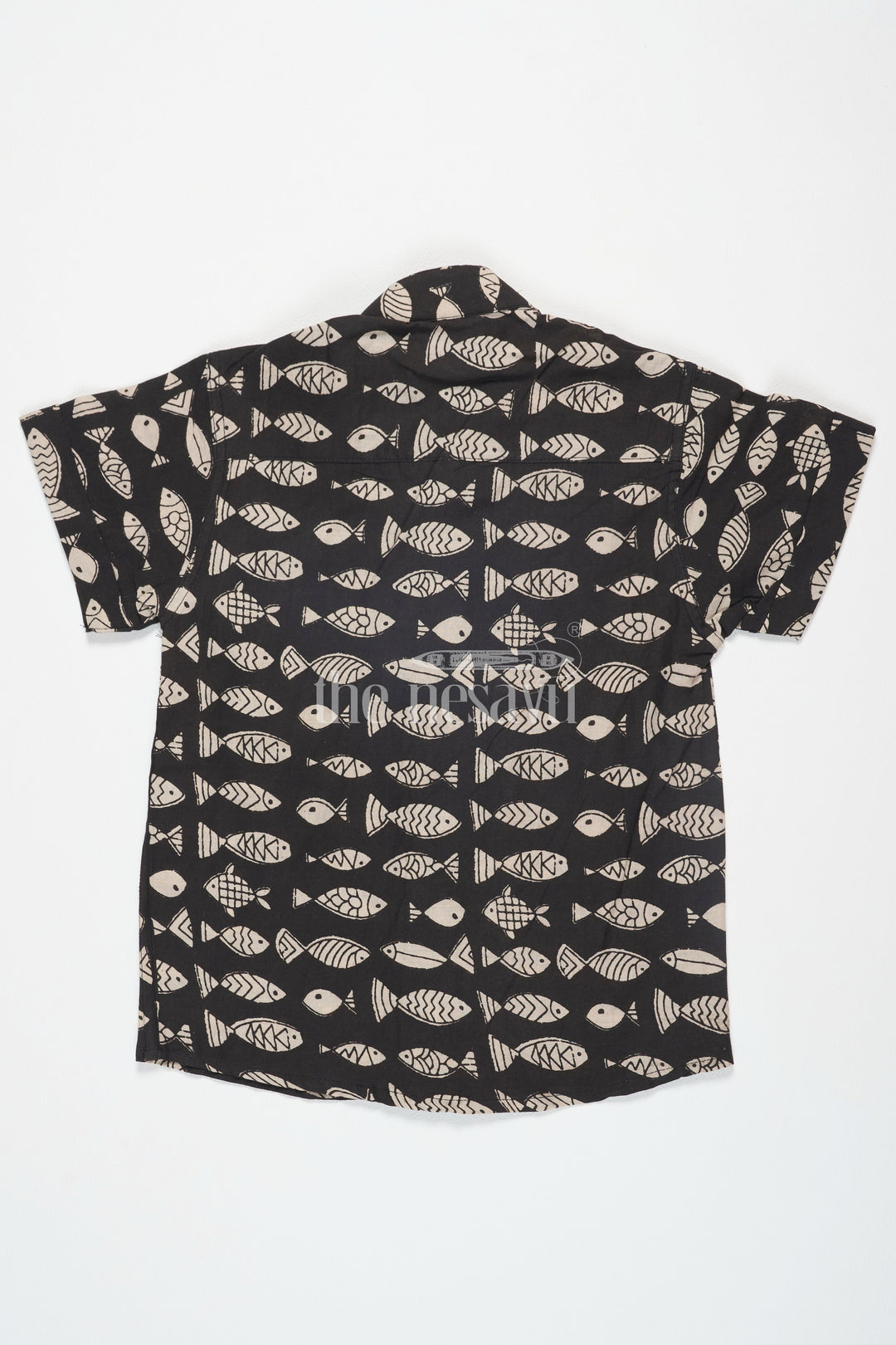 The Nesavu Boys Cotton Shirt Black Boys Ajarak Block Printed Cotton Shirt with Fish Print Half Sleeves for Festive Wear Nesavu Black Ajarak Block Print Boys Cotton Shirt Nesavu Fish Print Half Sleeves Festive Wear