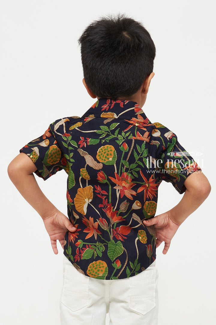 The Nesavu Boys Cotton Shirt Black Floral Design Shirt - Ideal for Casual and Vacation Wear Nesavu Black Floral Design Shirt - Casual & Vacation Wear for Kids