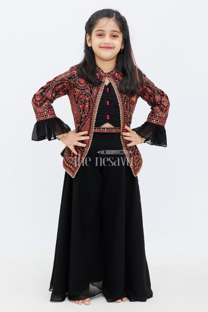 The Nesavu Girls Sharara / Plazo Set Black Georgette Embroidered Jacket and Palazzo Set for Girls with Paisley Motifs Nesavu 22 (4Y) / Black GPS393A-22 Black Georgette Embroidered Jacket and Palazzo Set for Girls with Paisley Motifs Nesavu