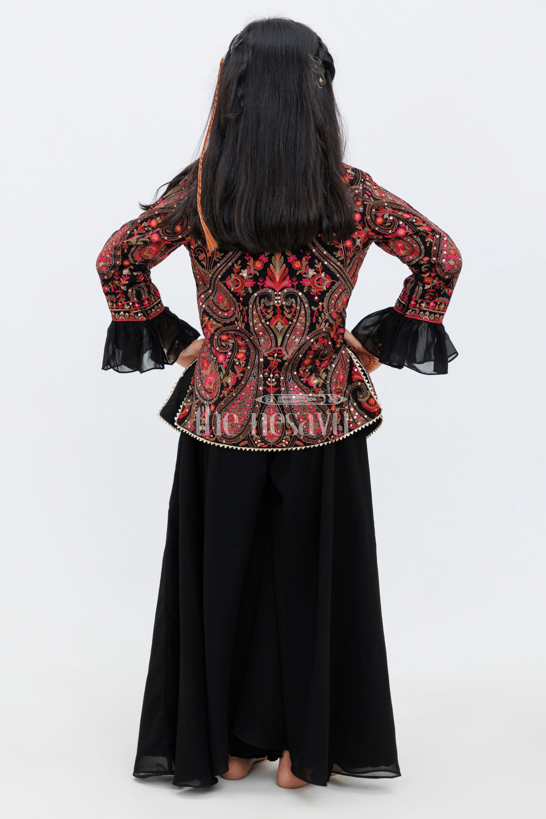 The Nesavu Girls Sharara / Plazo Set Black Georgette Embroidered Jacket and Palazzo Set for Girls with Paisley Motifs Nesavu Black Georgette Embroidered Jacket and Palazzo Set for Girls with Paisley Motifs Nesavu