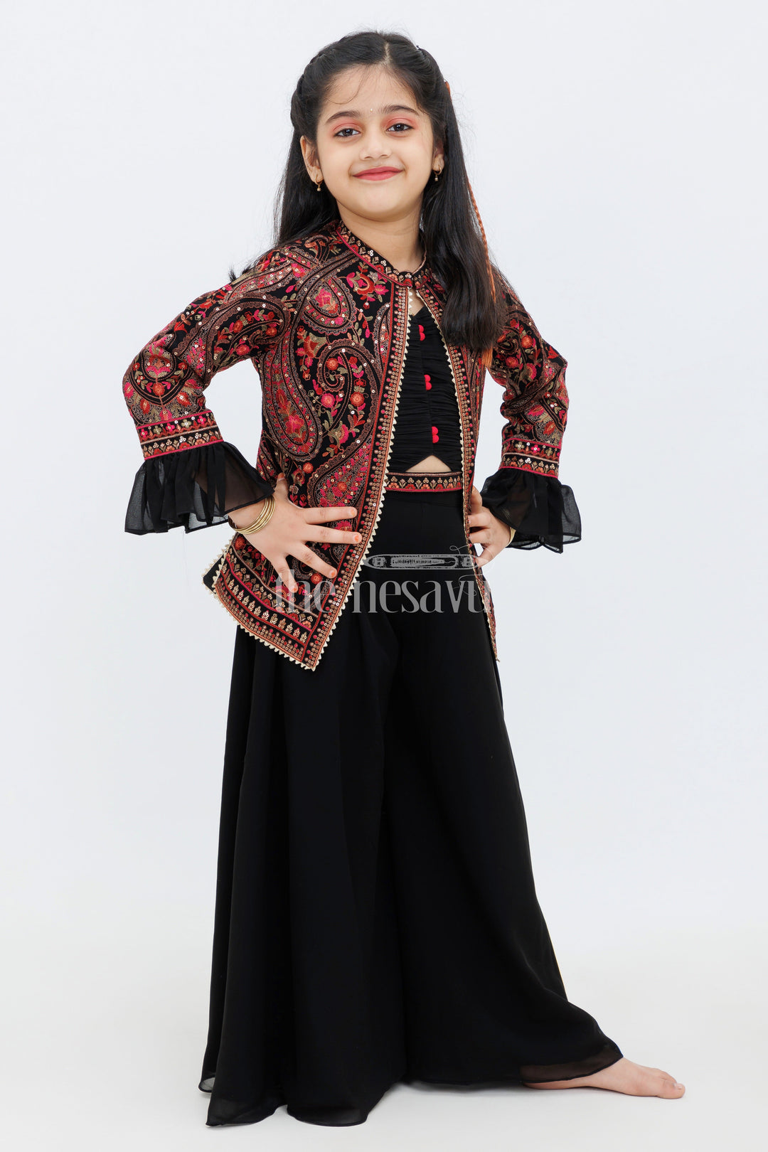 The Nesavu Girls Sharara / Plazo Set Black Georgette Embroidered Jacket and Palazzo Set for Girls with Paisley Motifs Nesavu Black Georgette Embroidered Jacket and Palazzo Set for Girls with Paisley Motifs Nesavu