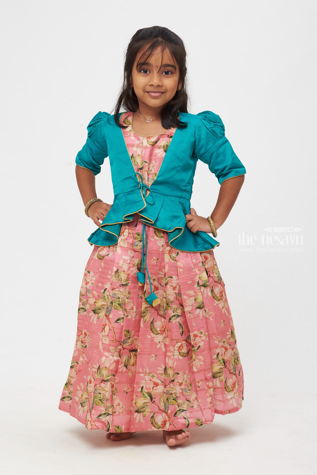 The Nesavu Girls Silk Gown Blossom Bliss: Children's Teal Peplum Jacket & Rose-Tinted Anarkali Gown Nesavu 16 (1Y) / Pink / Silk Blend GA180B-16 A Perfect Match: Timeless Anarkali and Stylish Overcoats | The Nesavu