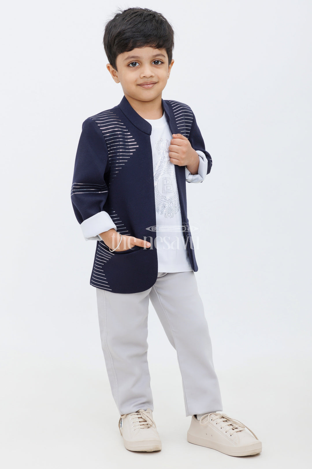 The Nesavu Boys Blazer Set Blue and Beige Boys Blazer Set with Sequin Embellished Jacket for Formal Wear Nesavu 14 (6M) / Blue BCS132A-14 Blue and Beige Boys Blazer Set with Sequin Embellished Jacket Nesavu