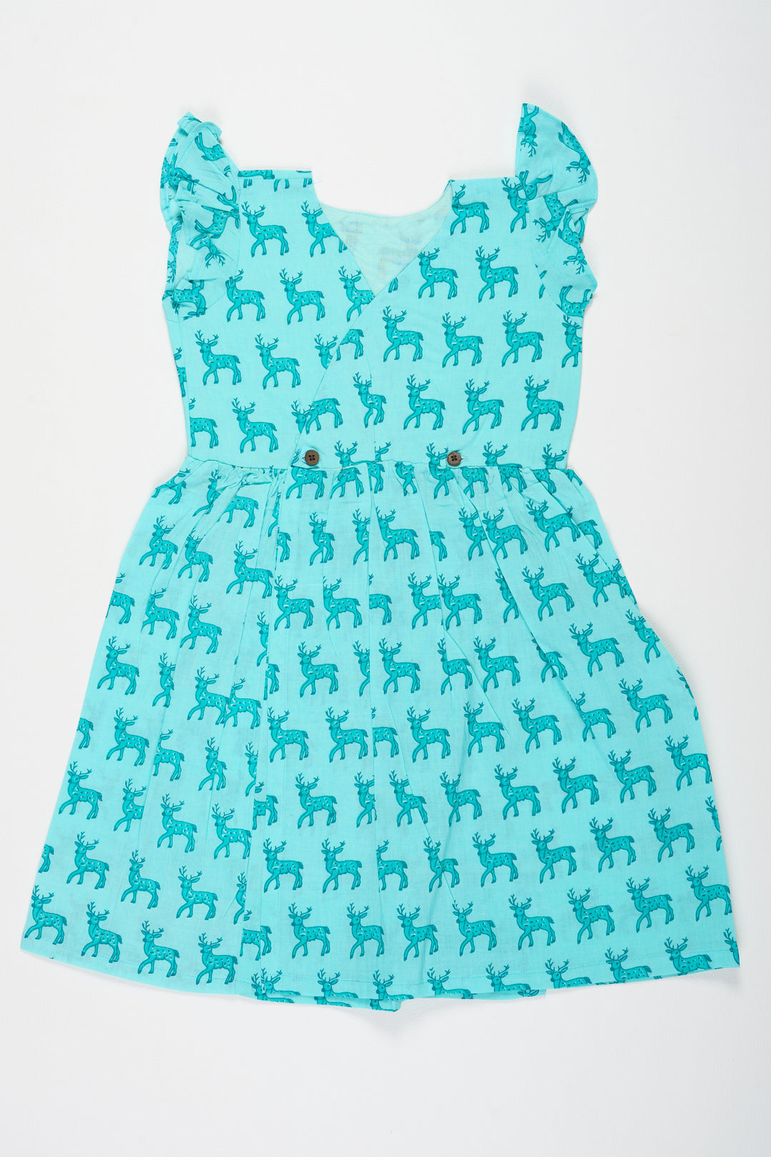 The Nesavu Baby Cotton Frocks Blue Baby Girl Cotton Frock with Deer Print and Ruffled Sleeves Ideal for Everyday Comfort Nesavu 10 (NB) / Blue BFJ681B-10 Nesavu Blue Cotton Baby Girl Frock Deer Print Comfortable Summer Outfit