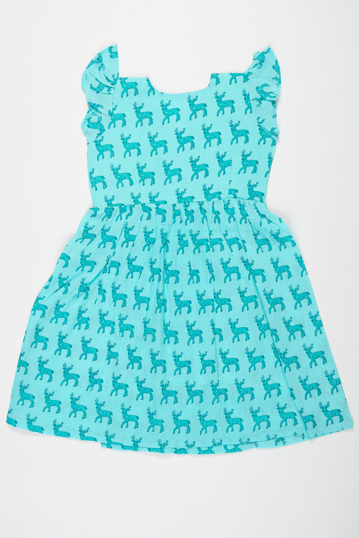 The Nesavu Baby Cotton Frocks Blue Baby Girl Cotton Frock with Deer Print and Ruffled Sleeves Ideal for Everyday Comfort Nesavu Nesavu Blue Cotton Baby Girl Frock Deer Print Comfortable Summer Outfit