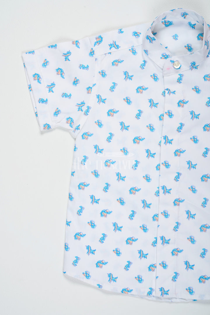 The Nesavu Boys Cotton Shirt Blue Beach Shirt for Boys with Fun Dino Print Half Sleeves Lightweight Cotton Fabric Nesavu Blue Dino Print Boys Cotton Beach Shirt Nesavu Fun Half Sleeves Lightweight Casual Wear Summer