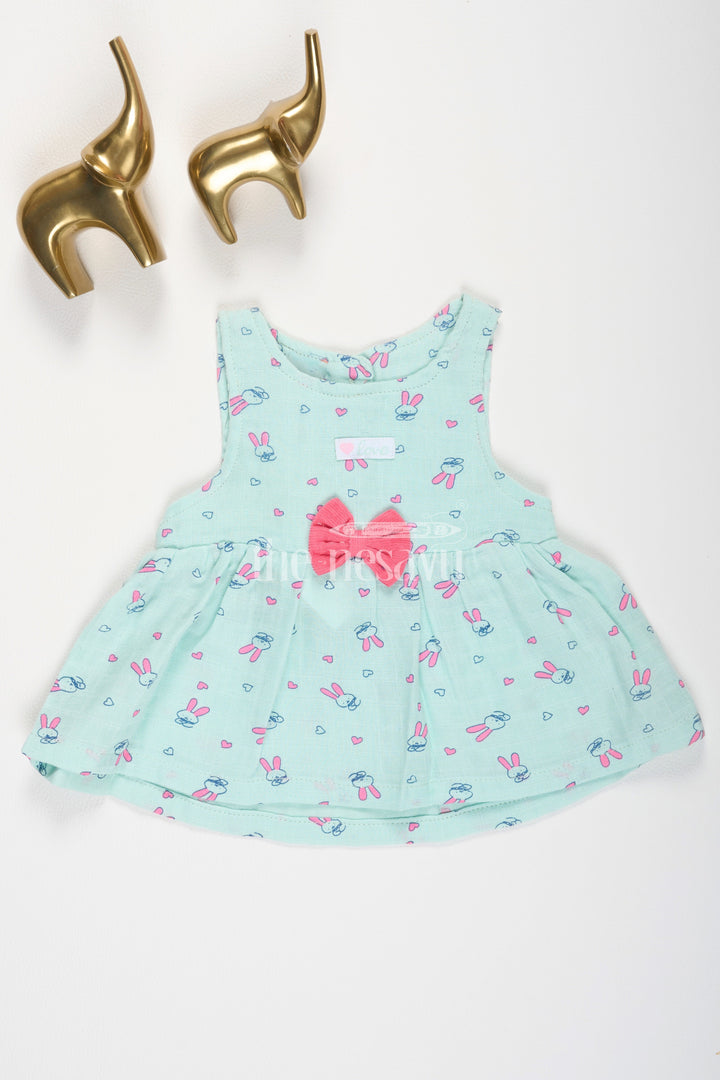 The Nesavu Girls Cotton Frock Blue Bunny Printed Muslin Frock with Bow for Newborn Baby Girls Nesavu 10 (NB) / Blue BFJ633A-10 Blue Bunny Printed Muslin Frock with Bow for Newborn Baby Girls Nesavu