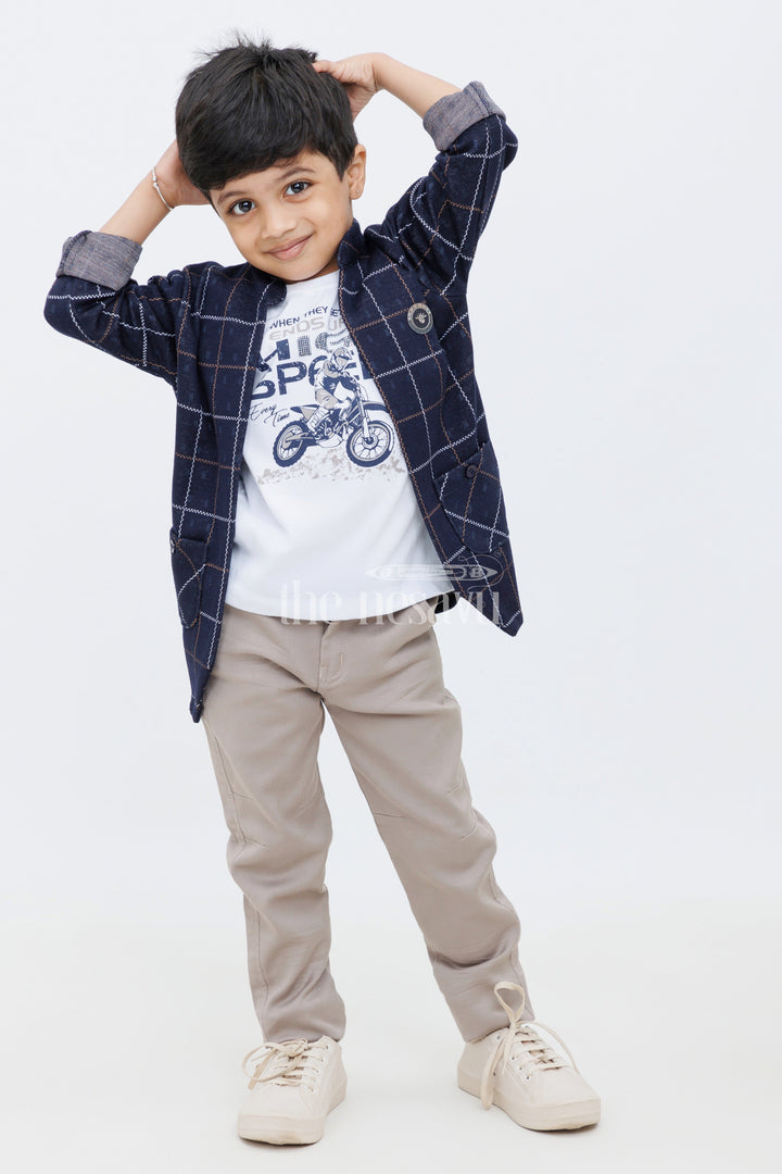 The Nesavu Boys Blazer Set Blue Checked Boys Blazer Set with TShirt and Pants for Casual and Formal Occasions Nesavu 22 (4Y) / Blue BCS128A-22 Blue Checked Boys Blazer Set with T-Shirt and Pants Nesavu