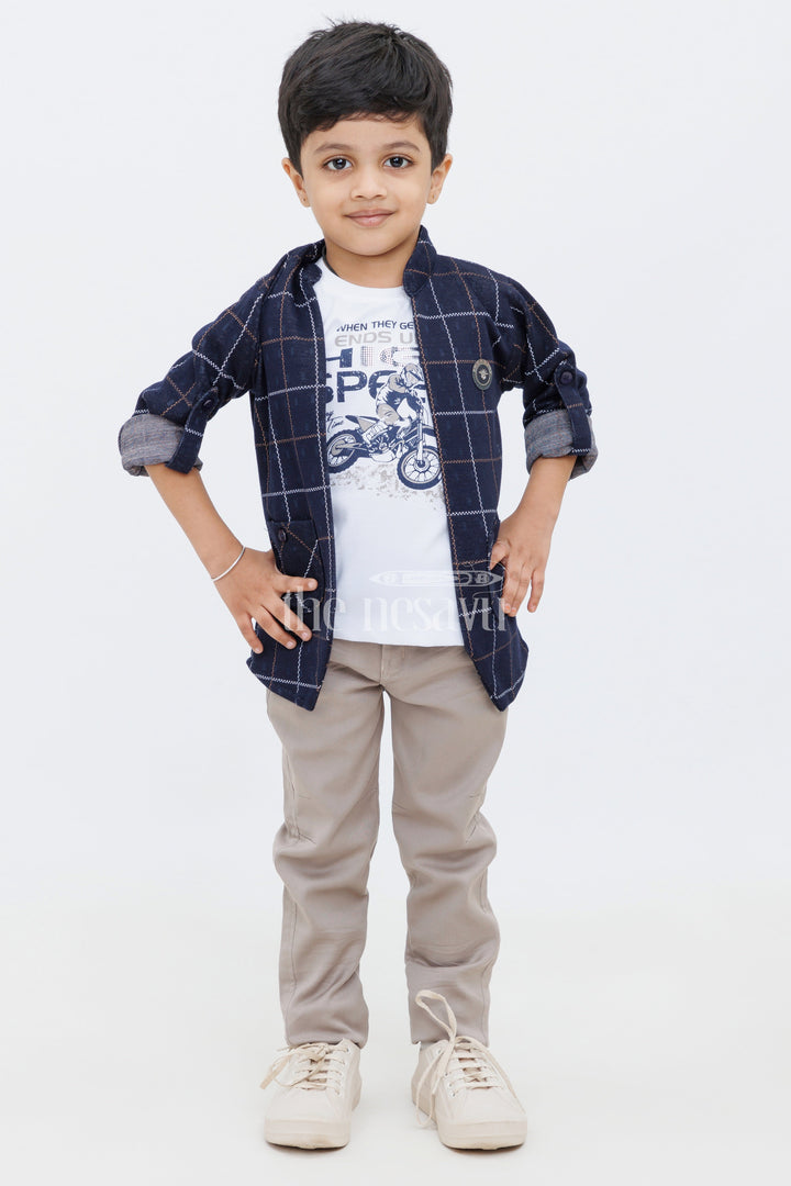 The Nesavu Boys Blazer Set Blue Checked Boys Blazer Set with TShirt and Pants for Casual and Formal Occasions Nesavu Blue Checked Boys Blazer Set with T-Shirt and Pants Nesavu