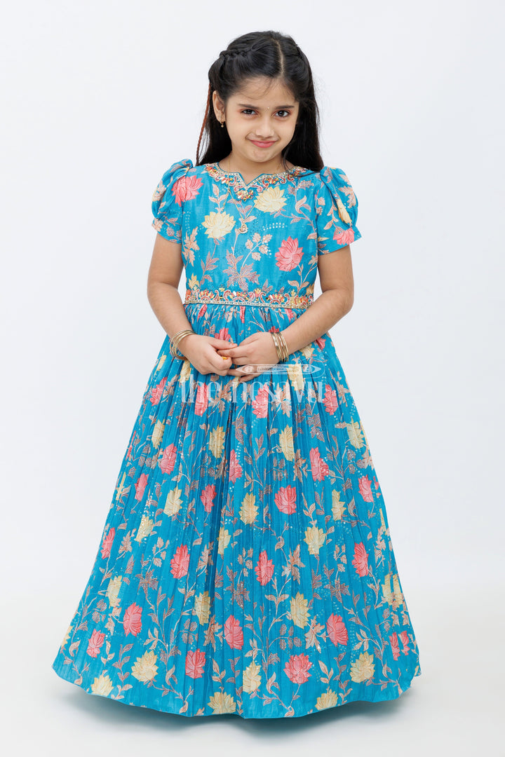 The Nesavu Girls Party Gown Blue Chinon Silk Printed Party Gown with Floral Design for Girls Nesavu 24 (5Y) / Blue GA242B-24 Blue Chinon Silk Printed Party Gown with Floral Design for Girls Nesavu