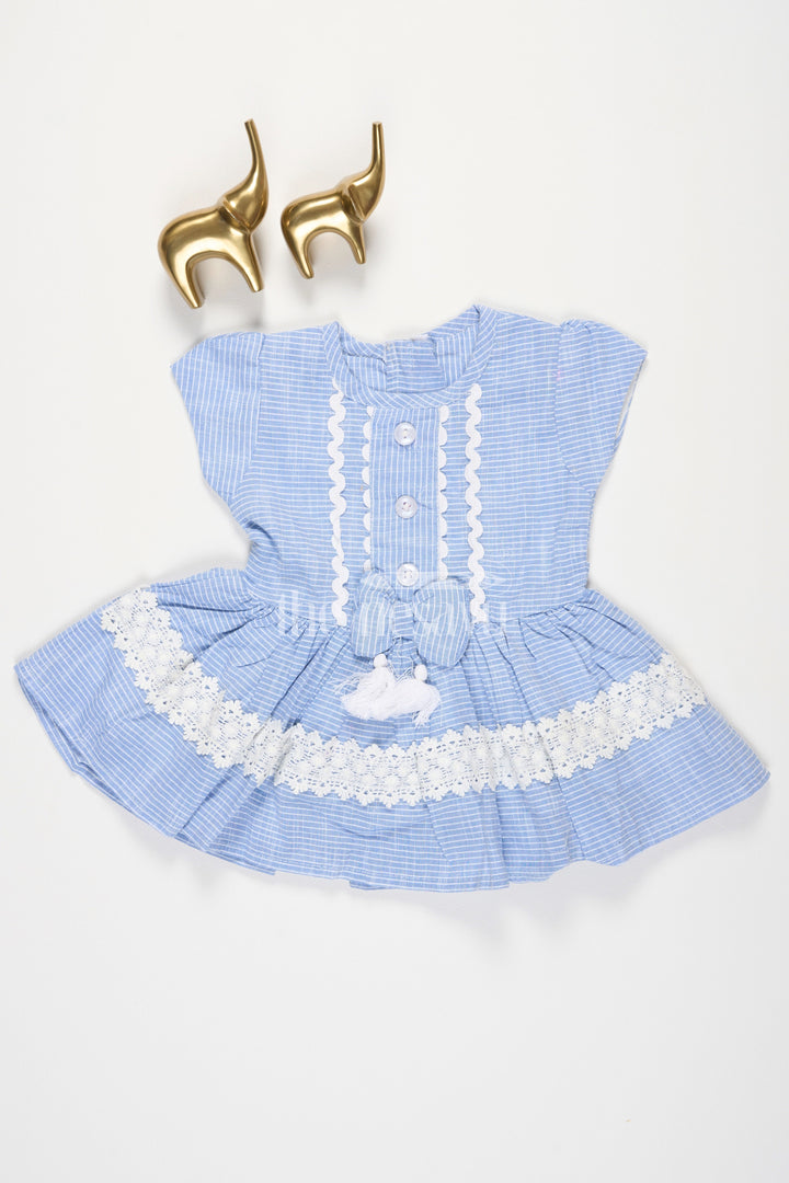 The Nesavu Baby Cotton Frocks Blue Cotton Baby Frock with Horizontal Stripes and Lace Embellishment for Girls Nesavu 12 (3M) / Blue BFJ625A-12 Blue Cotton Baby Frock with Horizontal Stripes and Lace Embellishment for Girls Nesavu