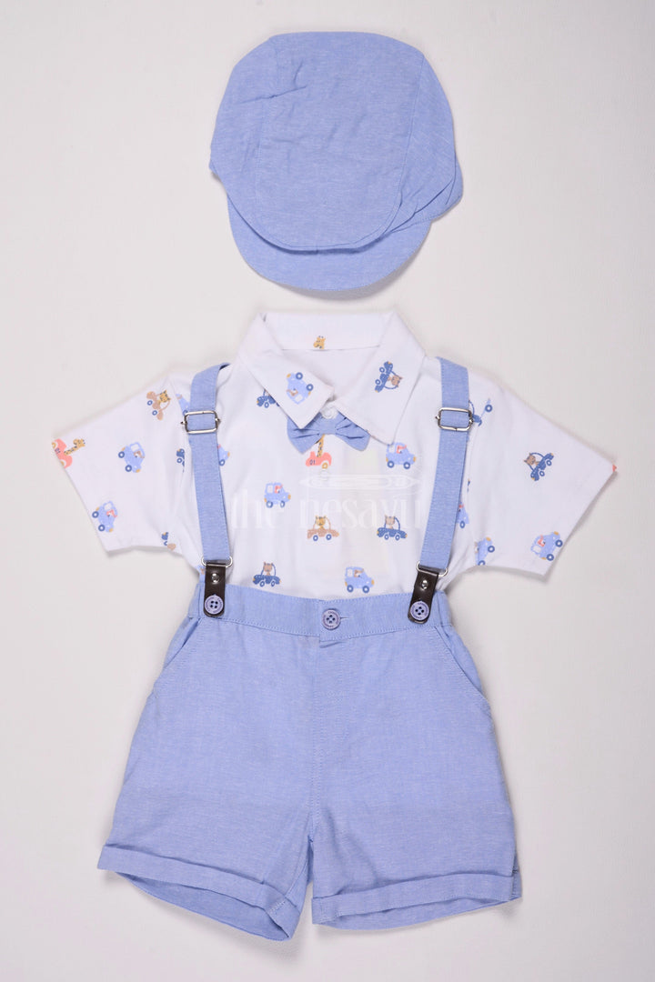 The Nesavu Boys Casual Set Blue Cotton Boys Suspender Suit Set with Cap Nesavu Blue Cotton Boys' Suspender Suit Set with Cap - Nesavu