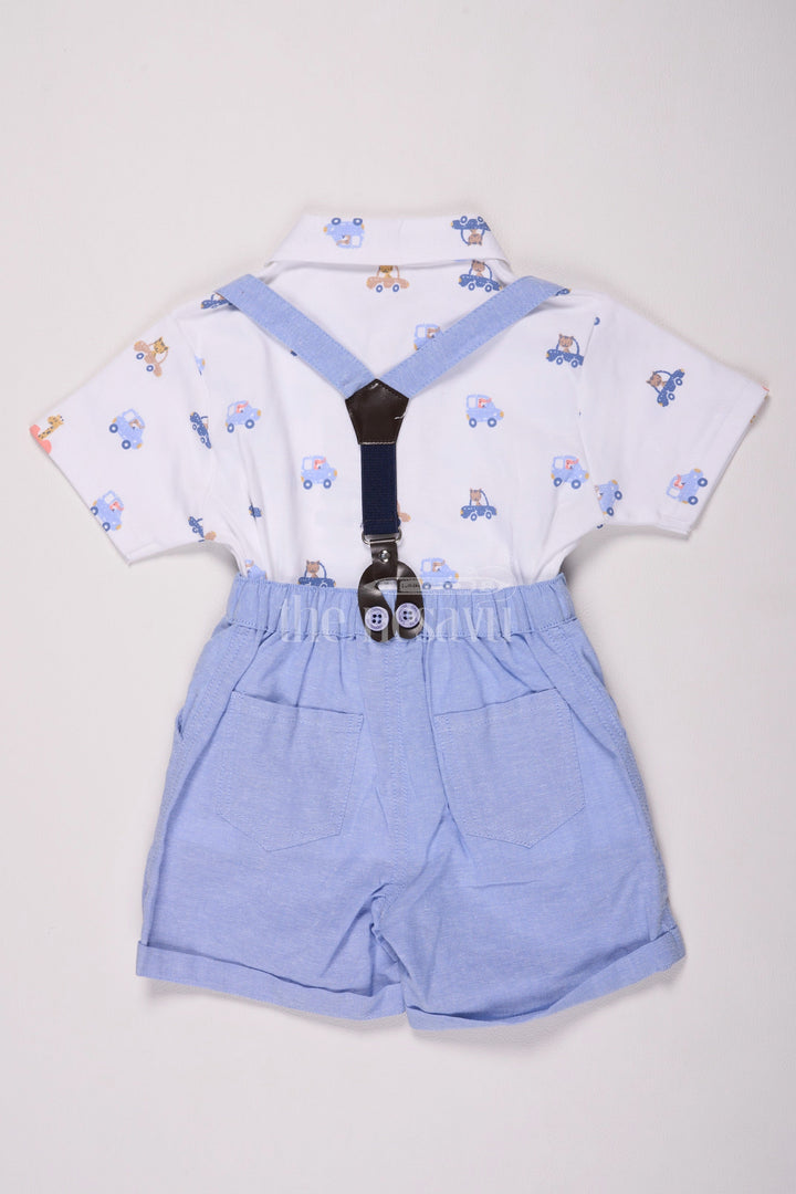 The Nesavu Boys Casual Set Blue Cotton Boys Suspender Suit Set with Cap Nesavu Blue Cotton Boys' Suspender Suit Set with Cap - Nesavu