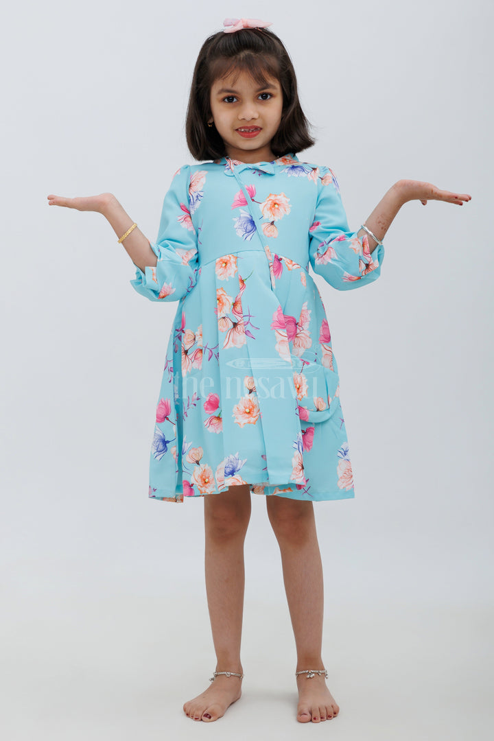 The Nesavu Girls Fancy Frock Blue Floral Print PolyBlend Party Frock for Girls Nesavu 22 (4Y) / Blue GFC1383A-22 Blue Floral Print Poly-Blend Party Frock for Girls - Nesavu