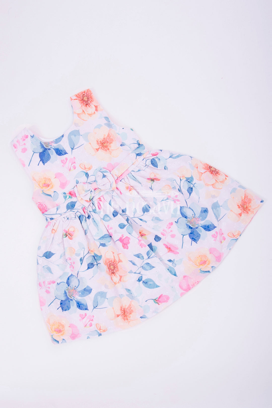 The Nesavu Girls Cotton Frock Blue Floral Sleeveless Baby Frock Nesavu Blue Floral Sleeveless Baby Frock with Bow Detail