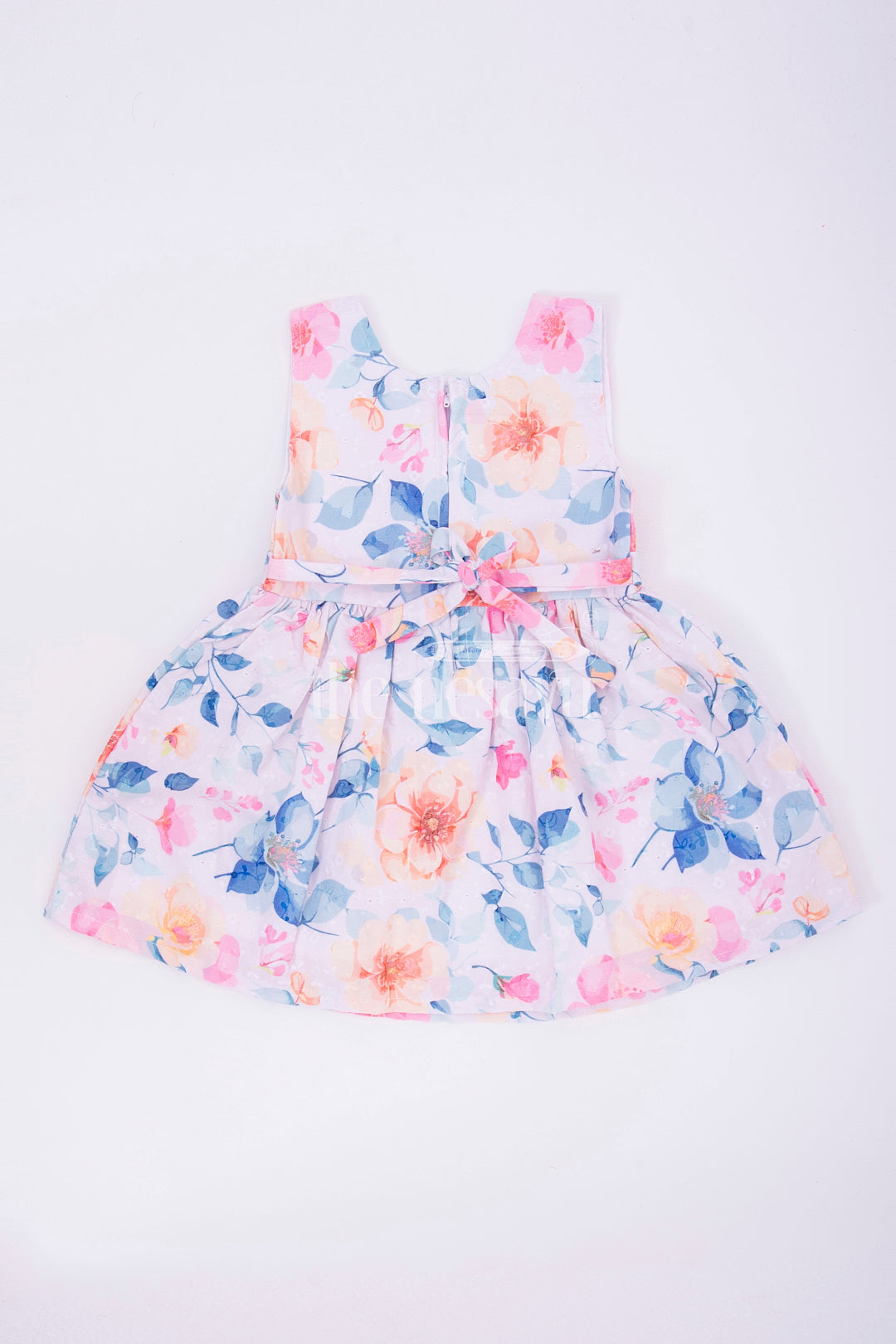 The Nesavu Girls Cotton Frock Blue Floral Sleeveless Baby Frock Nesavu Blue Floral Sleeveless Baby Frock with Bow Detail