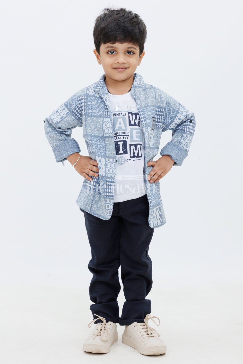 The Nesavu Boys Blazer Set Blue Knitted Boys Blazer Set with Jacquard Jacket and TShirt and Pants for Special Occasions Nesavu Blue Knitted Boys Blazer Set with Jacquard Jacket Nesavu