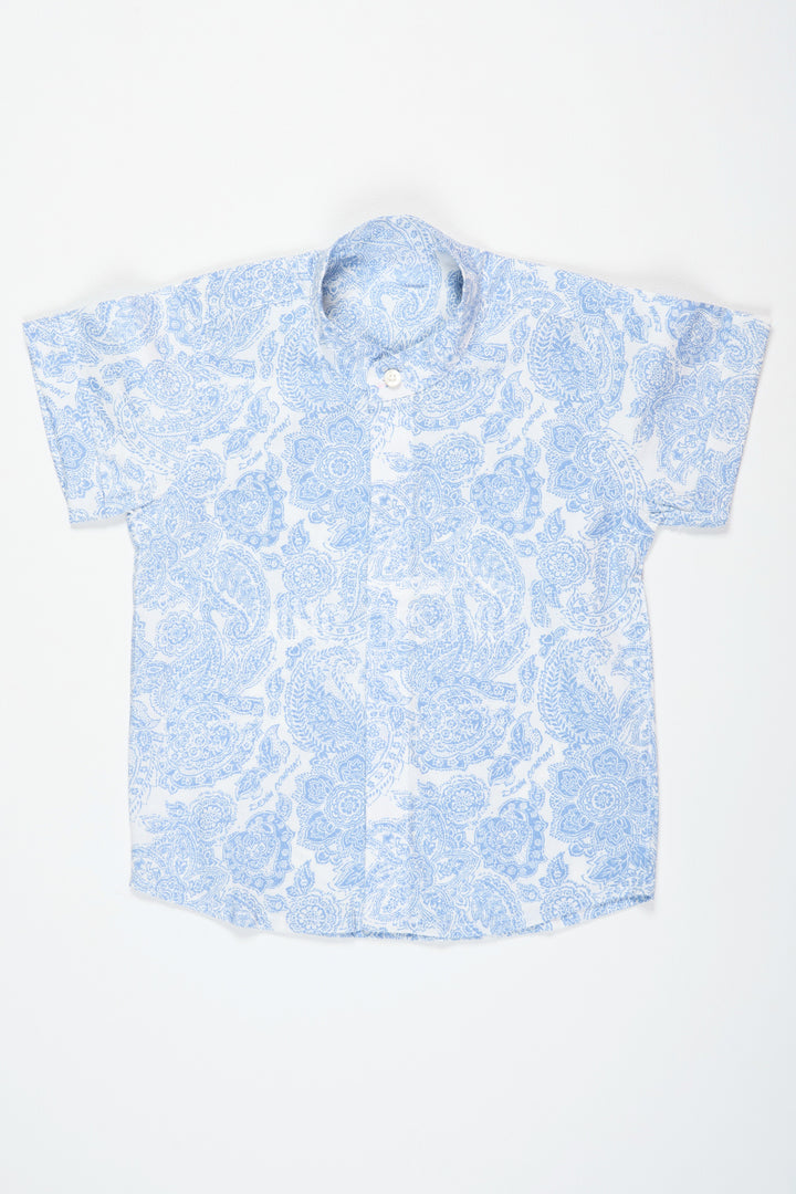 The Nesavu Boys Cotton Shirt Blue Paisley Print Boys Cotton Shirt Half Sleeves Comfortable for Family Gatherings Nesavu 16 (1Y) / Blue BS193A-16 Blue Paisley Print Boys Cotton Shirt Nesavu Elegant Half Sleeves Casual Wear Family Gatherings