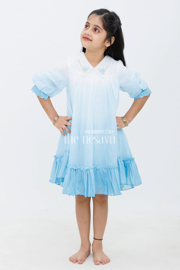 The Nesavu Girls Fancy Frock Blue Shaded Polysilk Organza Frock with Lace Detail for Girls Nesavu 16 (1Y) / Blue GFC1403A-16 Blue Shaded Polysilk Organza Frock with Lace Detail for Girls Nesavu