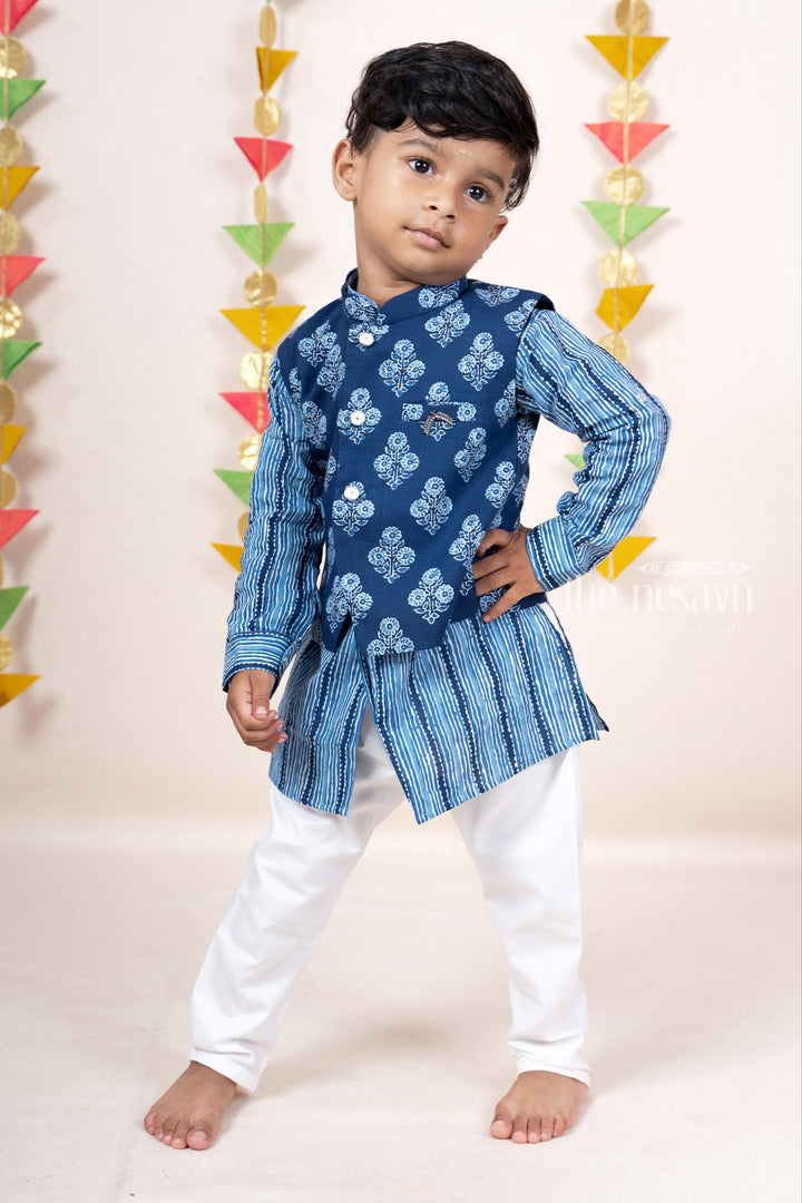 The Nesavu Boys Jacket Sets Blue Soft Cotton Printed Kurta Suit For Baby Boys Nesavu 10 (NB) / Blue BES192B-10 Blue Cotton Kurta Dresses | Smart Ethnic Casual Wear | The Nesavu