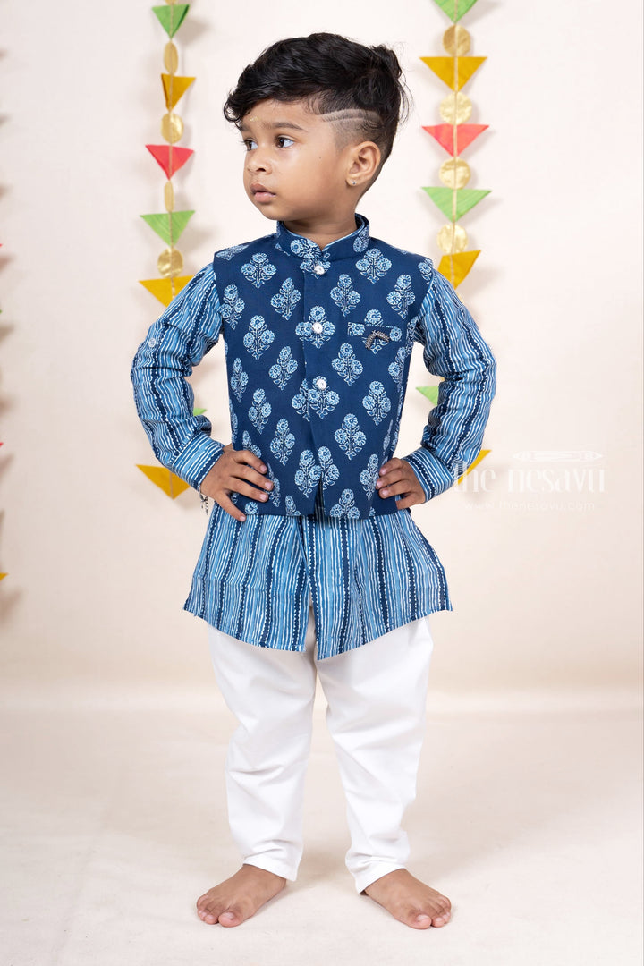 The Nesavu Boys Jacket Sets Blue Soft Cotton Printed Kurta Suit For Baby Boys Nesavu 10 (NB) / Blue BES192B-10 Blue Cotton Kurta Dresses | Smart Ethnic Casual Wear | The Nesavu