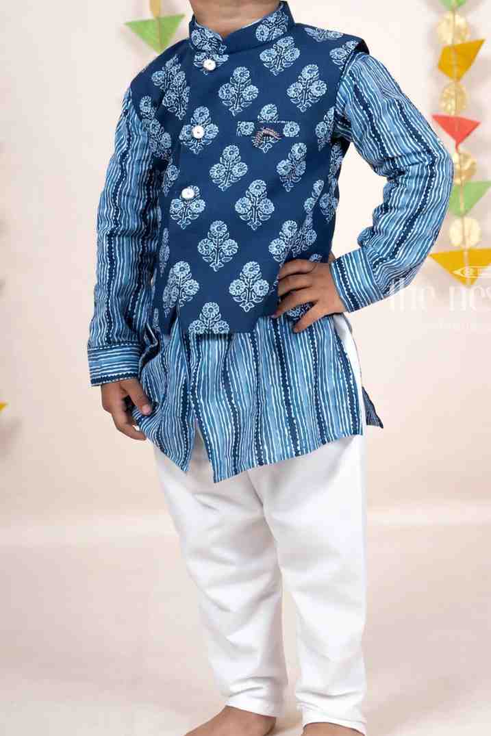 The Nesavu Boys Jacket Sets Blue Soft Cotton Printed Kurta Suit For Baby Boys Nesavu Blue Cotton Kurta Dresses | Smart Ethnic Casual Wear | The Nesavu