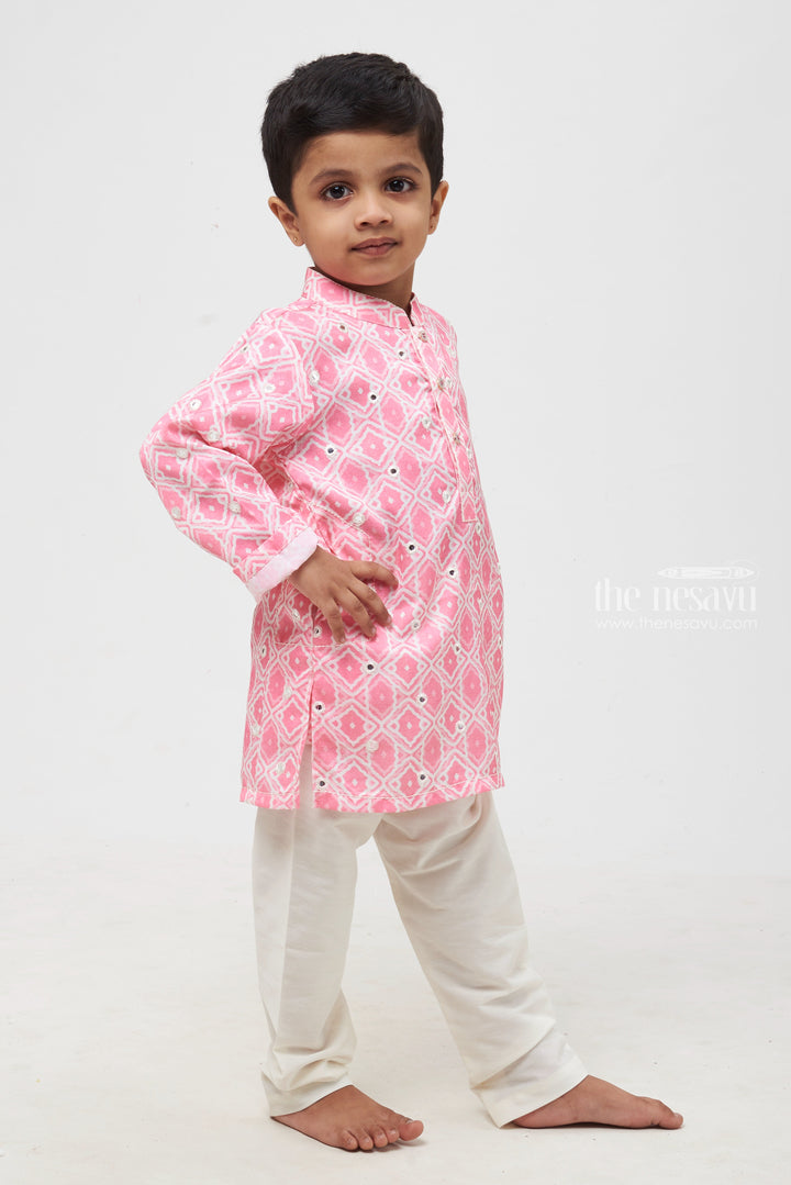 The Nesavu Boys Kurtha Set Blush Blossom: Mirror-Embroidered Geometric Printed Pink Kurta Shirt & Pant Set for Boys Nesavu Boys Ethnic Kurta Pant Ensemble | Festive Indian Outfits | The Nesavu