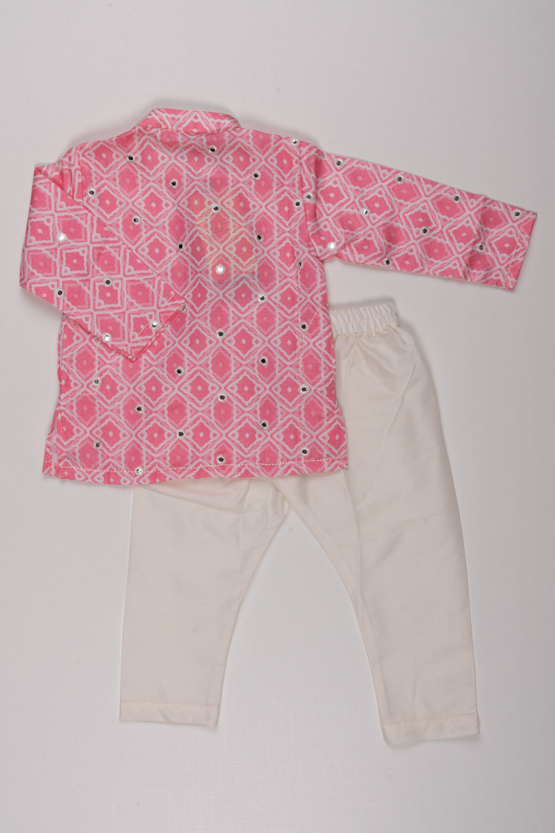 The Nesavu Boys Kurtha Set Blush Blossom: Mirror-Embroidered Geometric Printed Pink Kurta Shirt & Pant Set for Boys Nesavu Boys Ethnic Kurta Pant Ensemble | Festive Indian Outfits | The Nesavu