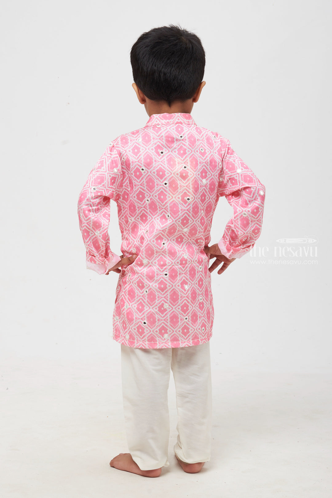 The Nesavu Boys Kurtha Set Blush Blossom: Mirror-Embroidered Geometric Printed Pink Kurta Shirt & Pant Set for Boys Nesavu Boys Ethnic Kurta Pant Ensemble | Festive Indian Outfits | The Nesavu