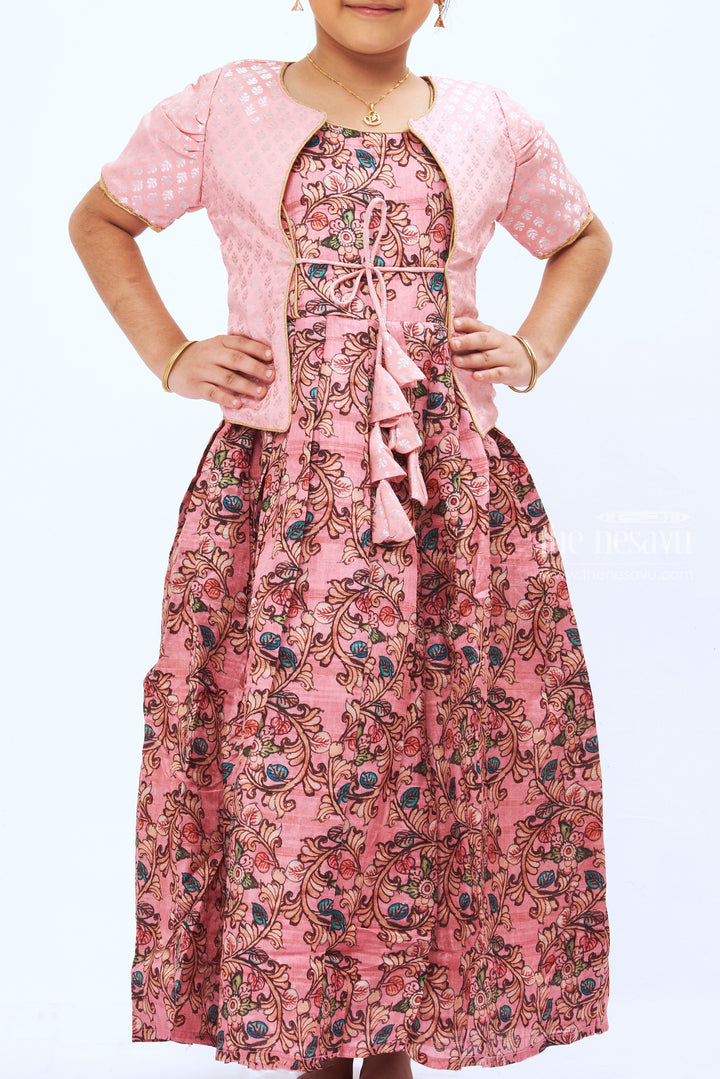 The Nesavu Girls Silk Gown Blush Elegance: Children's Pink Brocade Jacket & Paisley Anarkali Gown for Girls Nesavu Classic Charm Meets Modern Layers: Anarkali with Overcoat Styles | The Nesavu