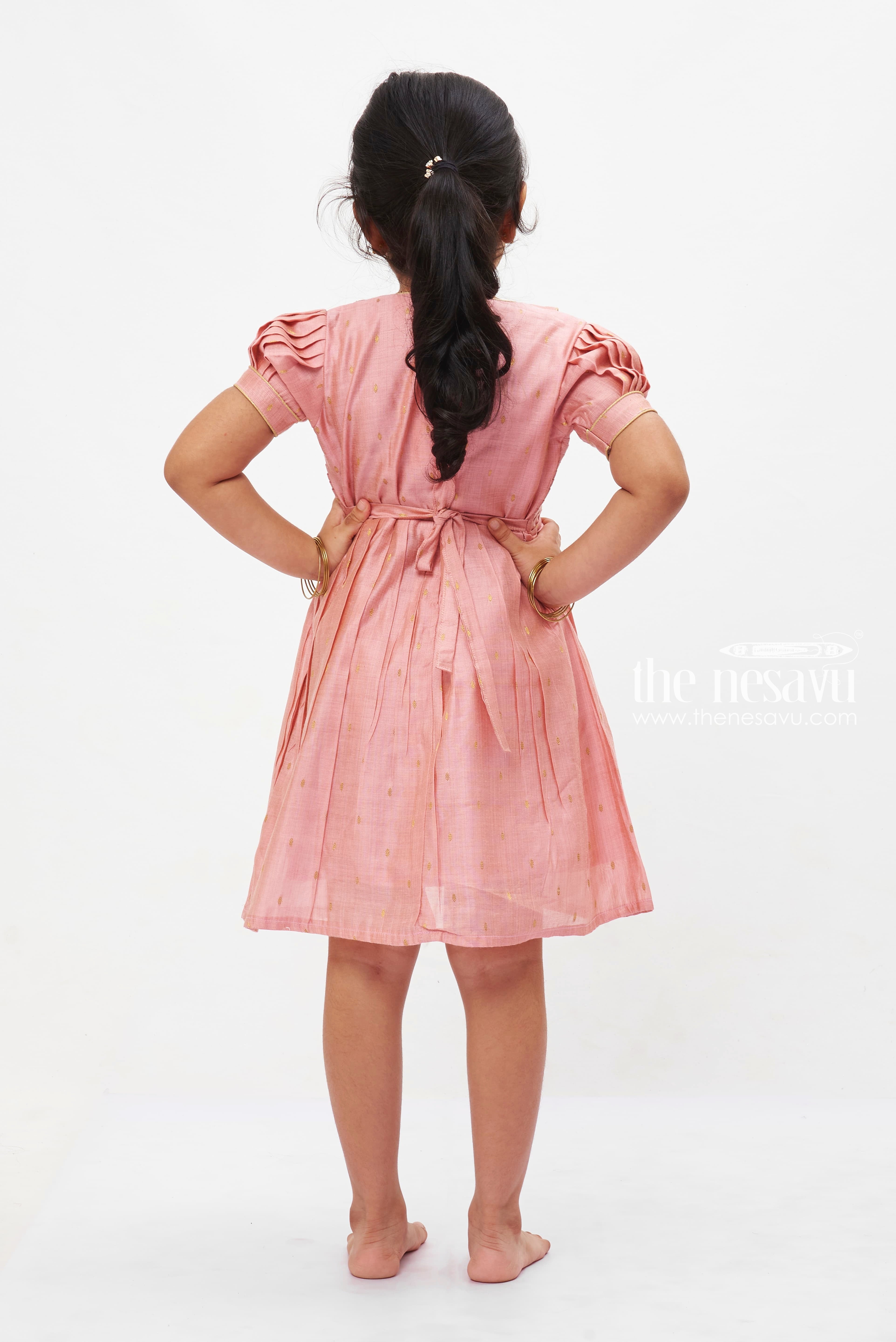 Traditional Blush Pink Girls Dress with Gold Accents Puff Sleeve Formal Wear The Nesavu The Nesavu