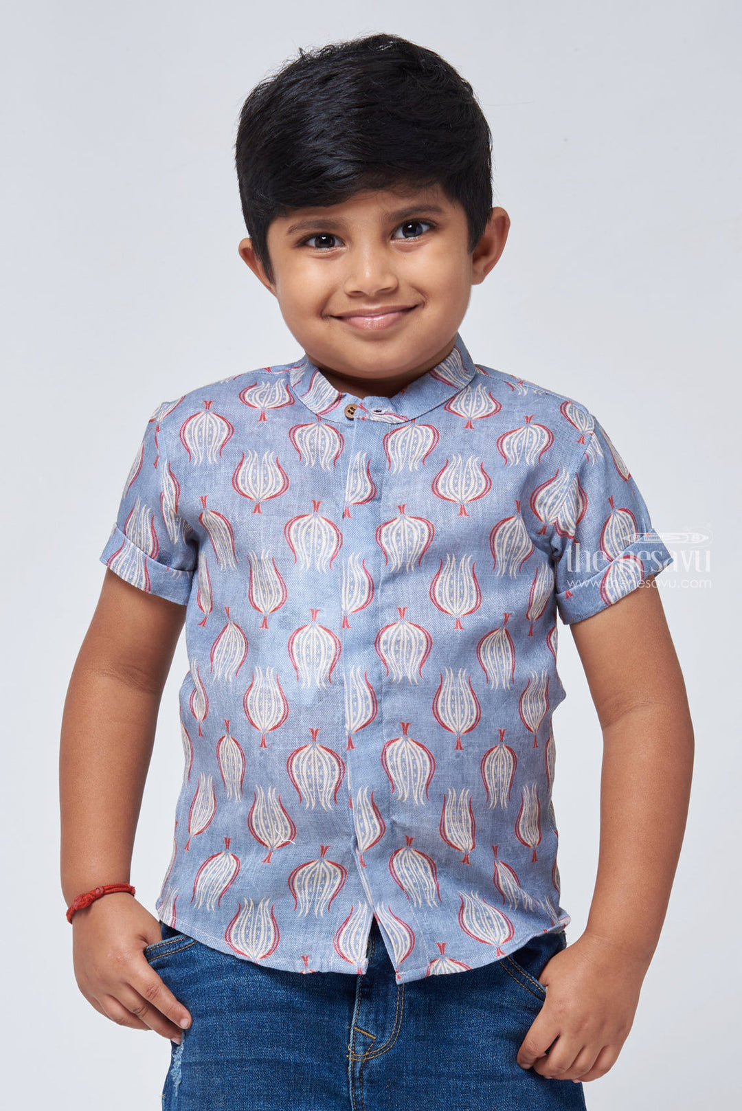 The Nesavu Boys Linen Shirt Bohemian Vibes: Ajrakh Hand Block Print Boys' Shirt for a Free-Spirited Look Nesavu 14 (6M) / Gray / Linen BS071-14 Ajrakh Hand Block Print Boys Shirt | Festive Dress For Boys | The Nesavu