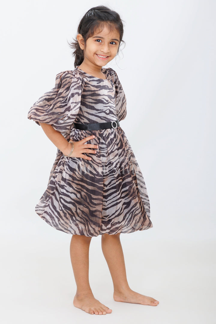 The Nesavu Girls Fancy Party Frock Bold Zebra Print Girls Fancy Frock with Puffed Sleeves and Rhinestone Belt for Evening Parties Nesavu Nesavu Girls Zebra Print Fancy Frock Puffed Sleeves Rhinestone Belt Evening Parties