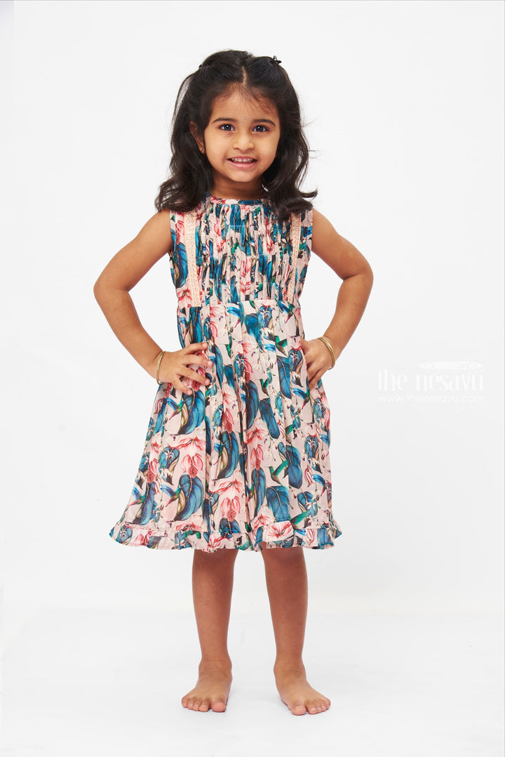 The Nesavu Girls Cotton Frock Botanical Bliss Cotton Frock: Girls' Floral Dress with Lace Trim Detail Nesavu 12 (3M) / Pink GFC1193A-12 Girls Floral Lace Trim Cotton Dress | Tropical Botanical Print | Comfortable Stylish Wear | The Nesavu