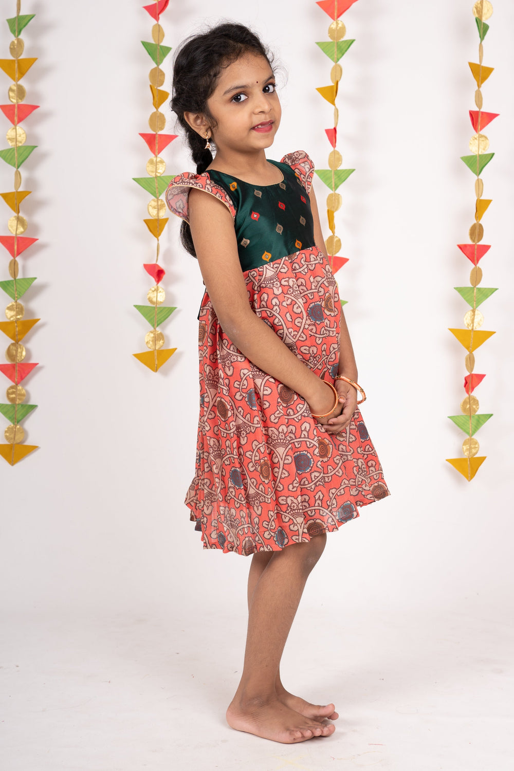 The Nesavu Frocks & Dresses Bottle Green Yoke With Pink Kalamkari Designer Cotton Frock psr silks Nesavu