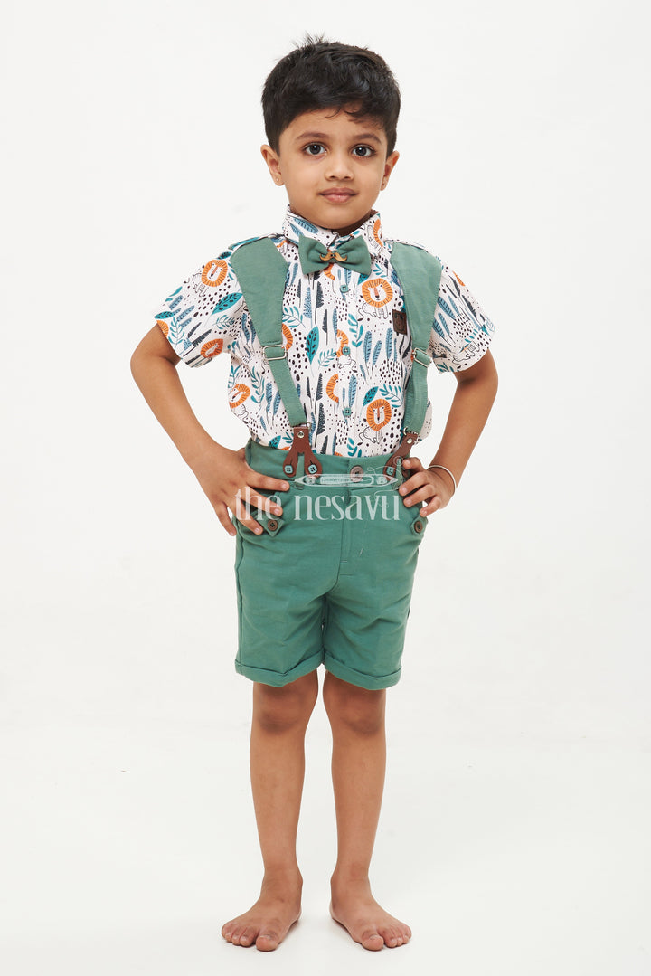 The Nesavu Boys Casual Set Boys' Animal Themed Shirt, Shorts, and Suspenders Set Nesavu 14 (6M) / Green BCS070A-14 Boys' Animal Themed Shirt, Shorts, and Suspenders Set - Lion Print