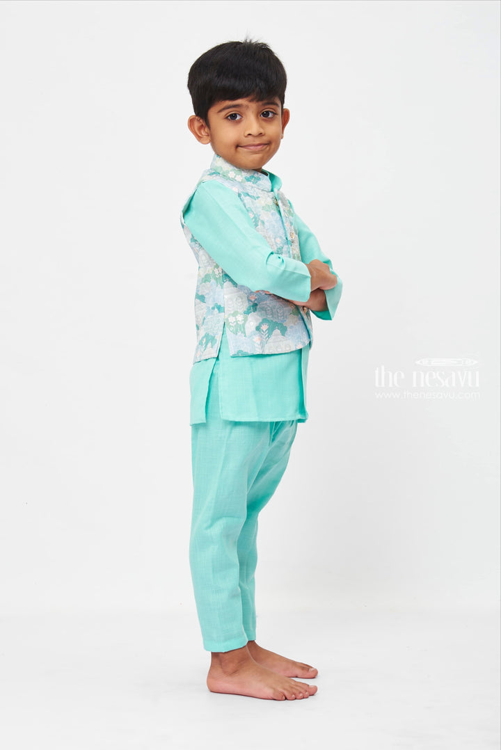 The Nesavu Boys Jacket Sets Boys Aqua Blue Traditional Print Kurta Set with Matching Pant Nesavu Elegant Print Kurta for boys | Kids' Traditional Festival Clothing | The Nesavu