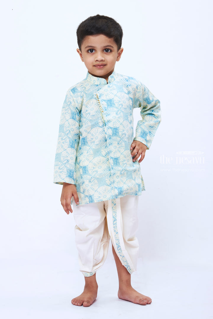 The Nesavu Boys Dothi Set Boys Aqua Circle Print Kurta with Cream Dhoti Set Nesavu 12 (3M) / Blue / Cotton BES484A-12 Boys Aqua Print Kurta Cream Dhoti Set | Casual Festive Wear for Kids | The Nesavu