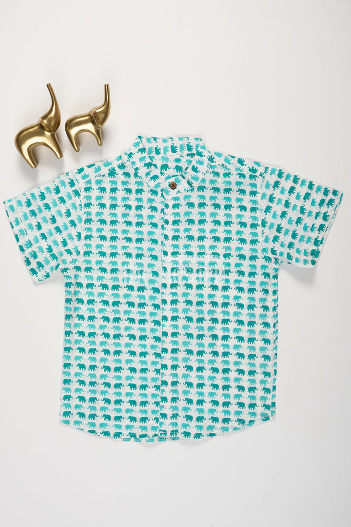 The Nesavu Boys Cotton Shirt Boys Aqua Green Cotton Shirt with Elephant Print and Mandarin Collar for Outdoor Adventures Nesavu 16 (1Y) / Blue BS169A-16 Nesavu Boys Aqua Green Cotton Shirt Fun Elephant Print Playful Summer Outings