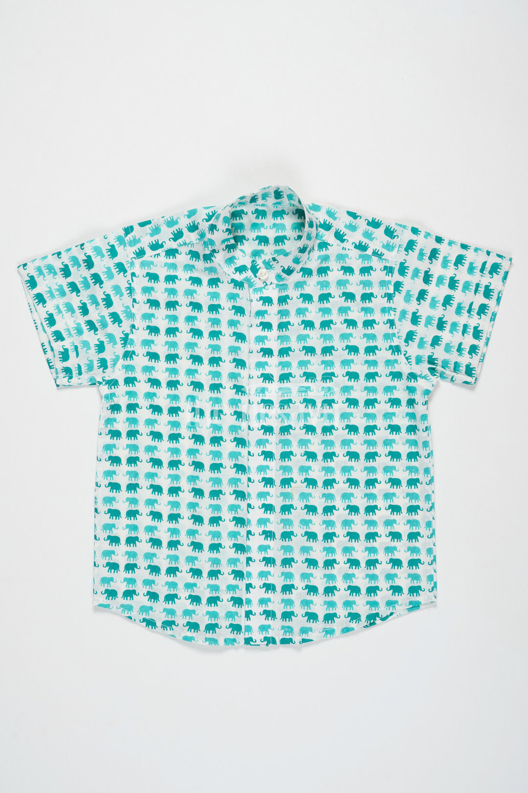 The Nesavu Boys Cotton Shirt Boys Aqua Green Cotton Shirt with Elephant Print and Mandarin Collar for Outdoor Adventures Nesavu Nesavu Boys Aqua Green Cotton Shirt Fun Elephant Print Playful Summer Outings